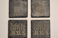 Black slate coaster with faith flag and "Fueled by coffee and Jesus"  laser engraved