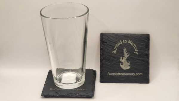 Slate Coasters with burned to memory logo and glass